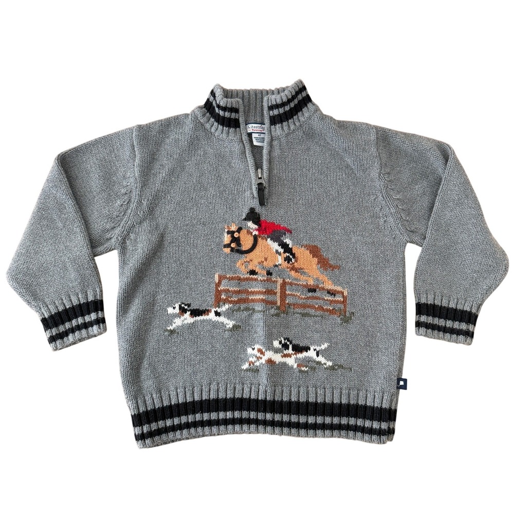 Boys 4T Preppy Equestrian Horse Jumping Hound Intarsia 1/4 Zip Cotton Sweater